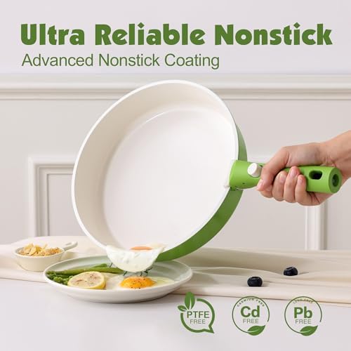 SENSARTE 17 Piece Ceramic Detachable Handle Pots and Pans Set Green
