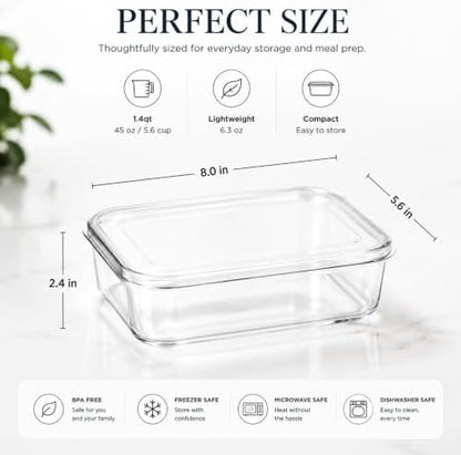 Lustroware Micro Clear Transparent Food Storage Containers with Lids – BPA-Free, Shatterproof, Dishwasher & Microwave Safe, 1.4 qt Stackable Refrigerator Organizer Bins, Made in Japan, Set of 6