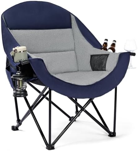 Oversized Camping Chairs for Adult - Heavy Duty Padded Portable Folding Chair XL Collapsible Camp Chair with Cup Holder Cooler Pockets for Outdoor Lawn Beach Sport Fishing Support 500LBS, Blue Grey