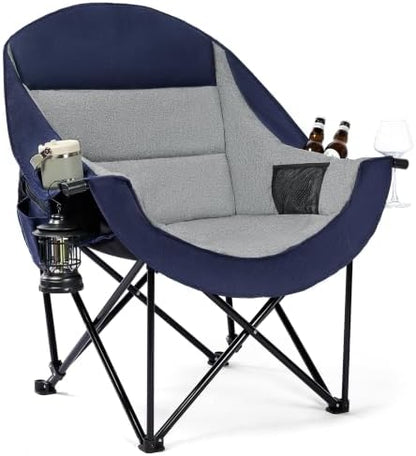 Oversized Camping Chairs for Adult - Heavy Duty Padded Portable Folding Chair XL Collapsible Camp Chair with Cup Holder Cooler Pockets for Outdoor Lawn Beach Sport Fishing Support 500LBS, Blue Grey