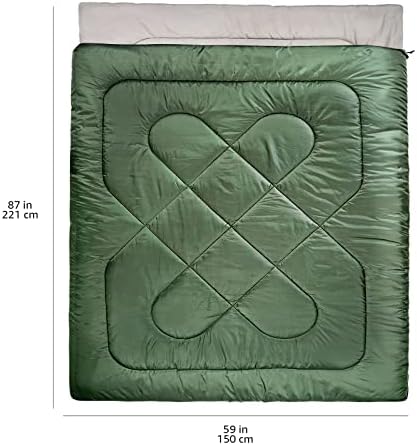 Amazon Basics Double Sleeping Bag for Adults, 40°F Cold Weather Two-Person Camping Bag, Queen Size 87" x 59", Olive Green