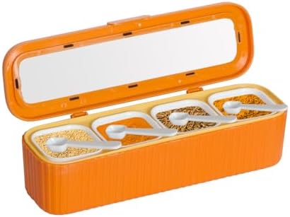 Clear Seasoning Box, 4 Packs Seasoning Rack Spice Pots, Condiment Jars Seasoning Box with Clear Covers and Spoons for Spice, Sugar, Salt, Pepper, Garlic Powder (Orange)