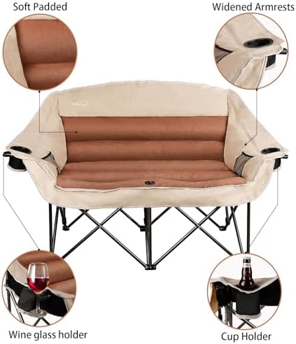 Double Folding Camping Chair Fully Padded Loveseat Camping Couch Oversized 2 Person Lawn Chair Sofa w/Cup Holder,Wine Glass Holder,Mesh Storage for Patio Picnic Beach,Support 600lbs,Cream