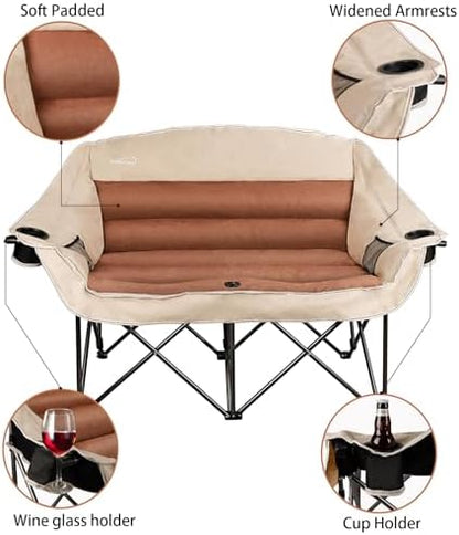 Double Folding Camping Chair Fully Padded Loveseat Camping Couch Oversized 2 Person Lawn Chair Sofa w/Cup Holder,Wine Glass Holder,Mesh Storage for Patio Picnic Beach,Support 600lbs,Cream