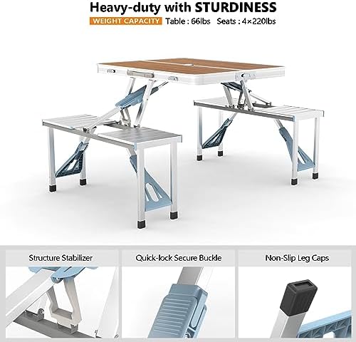 VINGLI 4 Ft Camping Picnic Table Set with 4 Seats with Umbrella Hole Folding Lightweight Suitcase Card Table-220 Lbs Support Aluminum Frame, Plastic RV Tabletop for Barbecue,Travel,Outing,Gathering