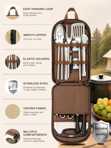 Portable Camping Utensil Set, 15PCS Camping Cookware with Organizer Cooking Kit Stainless Steel Accessories with Knife Fork Spoon RV Essentials Cook Equipment for Picnics BBQs Travel