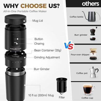 HAUSHOF Travel Coffee Maker,Coffee Grinder for Home,Camping