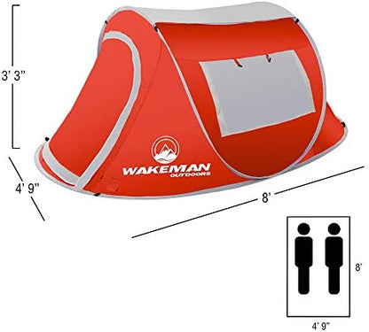 Pop-up Tent 2 Person, Water Resistant Barrel Style Tent for Camping with Rain Fly and Carry Bag, Sunchaser 2-Person Tent by Wakeman Outdoors (Red)