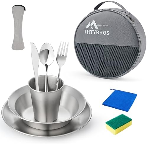 Stainless Steel Camping Mess Kit for 1-4 People,All-in-One Camping Cookware & Tableware Set with Plates,Bowls, Cups,Cutlery & Carry Bag,Outdoor Cooking Utensils for Camping,Backpacking,Hiking, Picnic