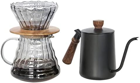SOTECH Pour Over Coffee Maker Set with Black Gooseneck Kettle Wooden Storage Tray Coffee Dripper Glass Server Coffee Scoop DIY Manual Coffee Maker Set (Portable Sack Set) (coffee maker set)