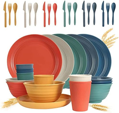 Wheat Straw Dinnerware Sets 36 Piece Unbreakable Dinnerware Sets, Reusable Wheat Straw Plates and Bowls Sets, Travel Camping Cutlery Set, Dishwasher Microwave Safe Dinnerware Colourful