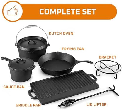 Bruntmor Camping Cooking Set Of 7. Pre Seasoned Cast Iron Pots And Pans Dutch Oven With Lids For Outdoor Comefire. Grill Cookware Skillet Sets With Storage Box