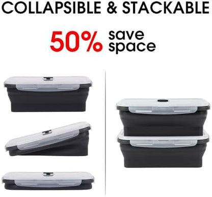 Collapsible Food Storage Containers with Lids, 4 Pack, 40 oz Silicone 1-Compartment Meal Prep Containers Reusable, Lunch Bento Boxes for Adults, Microwave Freezer Dishwasher Safe, BPA-Free, Black