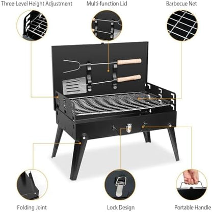 KOCASO Portable Charcoal Grill, Foldable BBQ Suitcase Grill Shelf for Outdoor Camping Picnics Garden Grilling – 16.7x10x17.7 in