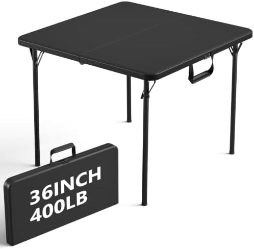 36" Folding Table, Portable Square Folding Card Table with Carrying Handle, Heavy Duty Plastic Foldable Event Table for Camping, Picnic, Party, Crafting, Outdoor and Indoor Use, Black