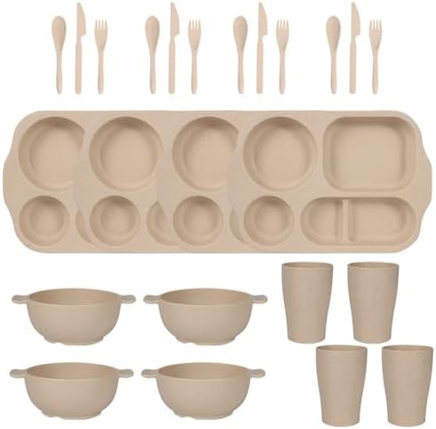 24 Pcs Wheat Straw Dinnerware Cutlery Sets,Unbreakable Divided Plates Bowls Cups Spoon Knife Fork for 4 People,Microwave Dishwasher Safe Tableware Cutlery for Party and Daily Use,Beige