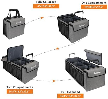 Collapsible Trunk Organizer with Insulated Leakproof Cooler Bag,Removable Lid,Adjustable Securing Straps,3 Compartments Trunk Organizer for SUV,Truck,Sedan(Light Grey)