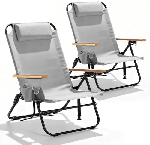 2 Pack Premium 5-Position Reclining Camping Chair - Portable Folding Lightweight Outdoor Chair with Wooden Armrests, Headrest & Pockets, 350lbs Heavy Duty for Beach, Patio, Light Grey