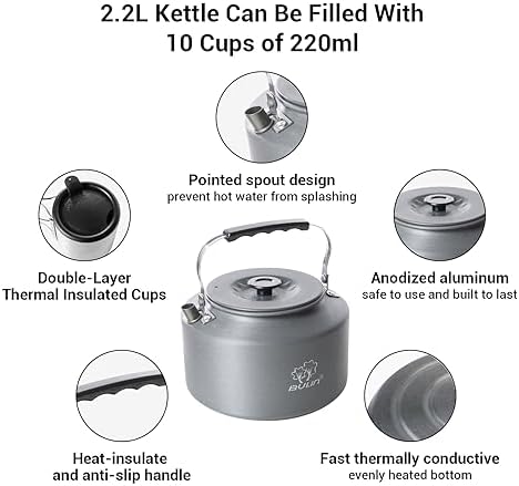 Bulin Camping Kettle, 2.2L Large Portable Camp Tea Coffee Pot With 2 Cups