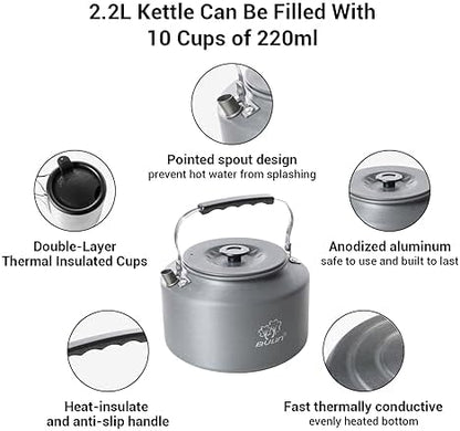 Bulin Camping Kettle, 2.2L Large Portable Camp Tea Coffee Pot With 2 Cups