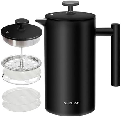 Secura French Press Coffee Maker, 304 Grade Stainless Steel Insulated Coffee Press with 2 Extra Screens, 34oz (1 Litre), Black