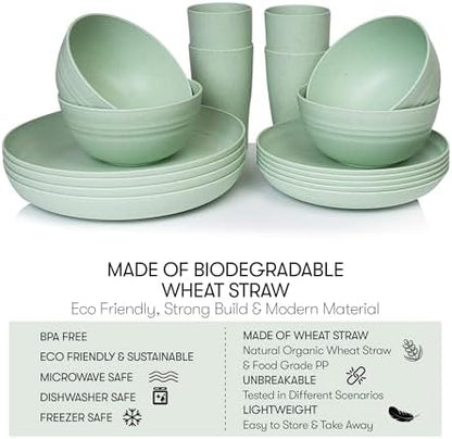 Wheat Straw Dinnerware Sets | Unbreakable Dinnerware Sets | Dishwasher Microwave Safe Dinnerware | Eco Friendly Non Breakable Dinnerware Sets | RV Outdoor Camping (Green, Service for 4 (16 pcs))