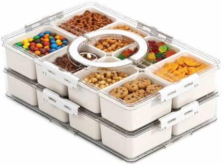 2 Pack Snack Box Container with 16 PP Compartments, Food Storage Tray with Lid & Handle, Dishwasher Safe, Organizer for Picnic, Travel, Party