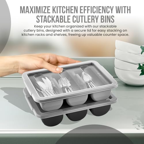 2 Pack - Cutlery Bin with Lid, Commercial 3-Compartment Flatware Tray with Cover, Silverware Divided Storage Plastic Container, Restaurant Condiments Holder, Covered Utensil Organizer Box, Gray