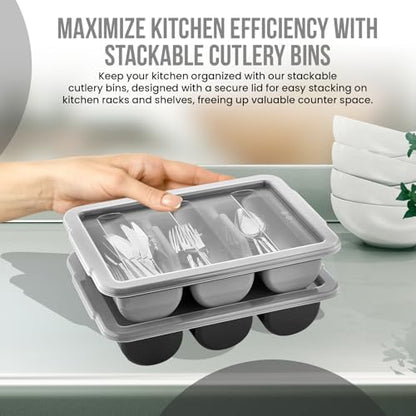 2 Pack - Cutlery Bin with Lid, Commercial 3-Compartment Flatware Tray with Cover, Silverware Divided Storage Plastic Container, Restaurant Condiments Holder, Covered Utensil Organizer Box, Gray