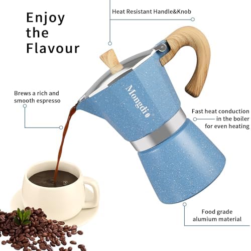 Mongdio Stovetop Espresso Maker Moka Pot, Cuban Coffee Maker Stove top coffee maker Moka Italian Espresso Greca Coffee Maker Brewer Percolator, 9 Espresso Cups, 15 oz - Blue