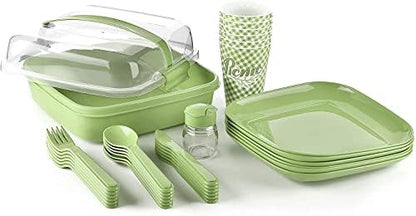 Tribello Camping Picnic Dishes Set with Case, 32 Plastic Reusable Cutlery - BPA Free, Microwave / Dishwasher Safe