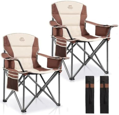 2 Pack Padded Oversized Camping Chairs for Adults,Heavy Duty Support 400 Lbs,Folding Portable Lawn Chair w/Cup Holder,Cooler Bag,Side Pocket,Perfect for Outdoor Picnic,Hiking(Moca)