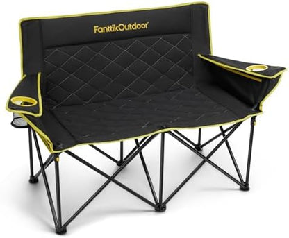 FanttikOutdoor Zeta L11 Duo Pro Double Camping Chair, 2 Person Portable Folding Couch, Up to 600 lbs, High Strength Loveseat with Cup Holder & Carry Bag for Travel, Patio, Games, BBQ, Backyard, Black