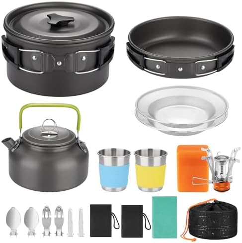 18pcs Camping Cookware Kit, Nonstick Pots Pans and Kettle Set