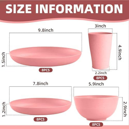 Pink Dinnerware Sets for 8,Pink Plates and Bowls Sets Plastic,Wheat Straw Dinnerware Sets Unbreakable Microwave Safe Lightweight,32 Pcs Christmas Dishes Set for Elderly Kitchen Outdoor