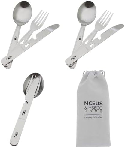 4-in-1 Camping Utensils Hiking Cutlery Set with Carrying Bag - 3 Pack