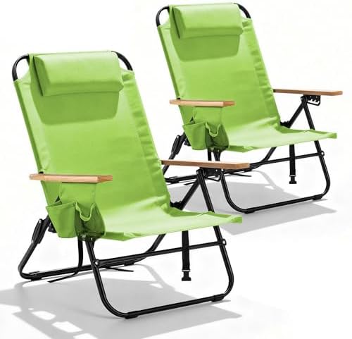 2 Pack Premium 5-Position Reclining Camping Chair - Portable Folding Lightweight Outdoor Chair with Wooden Armrests, Headrest & Pockets, 350lbs Heavy Duty for Beach, Patio, Light Green