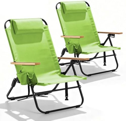 2 Pack Premium 5-Position Reclining Camping Chair - Portable Folding Lightweight Outdoor Chair with Wooden Armrests, Headrest & Pockets, 350lbs Heavy Duty for Beach, Patio, Light Green