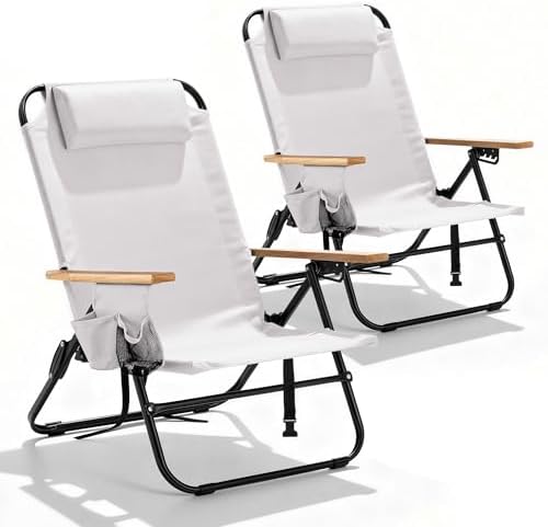 2 Pack Premium 5-Position Reclining Camping Chair - Portable Folding Lightweight Outdoor Chair with Wooden Armrests, Headrest & Pockets, 350lbs Heavy Duty for Beach, Patio, Cream White