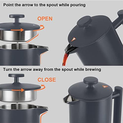 Secura French Press Coffee Maker, 304 Grade Stainless Steel Insulated Coffee Press with 2 Extra Screens, 34oz (1 Litre), Grey (Pack of 2)
