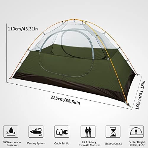 Bessport Camping Tent 1/2 Person Tent Waterproof Two Doors Backpacking Tent Easy Setup Lightweight for Outdoor, Hiking Mountaineering Travel