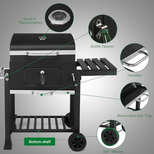 45.6" Portable Charcoal Grill,Metal Outdoor Barbecue Smoker,Heavy Duty Outdoor BBQ Grill,Vertical Camping Barbecue Grill,with Foldable Side Table & Wheels,for Garden Patio Beach Backyard (Black)