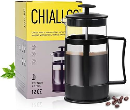 Chiallco Mini French Press Coffee Maker, Heat Resistant Thickened Borosilicate Classic Glass Stainless Steel Coffee Press, 12OZ Heat Cold Brew Coffee Pot Tea Press for Kitchen Travel Camping，Black