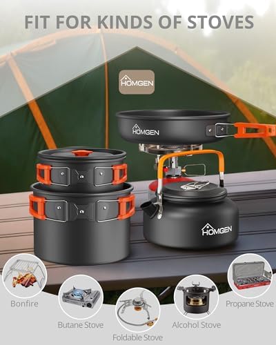 HOMGEN Portable Ultralight Anodized Aluminum Camping Cookware Set - Nesting Camping Pot and Pan-800ml Insulated Teapot-Carrying Bag-for Camping Hiking Picnic RV Trip