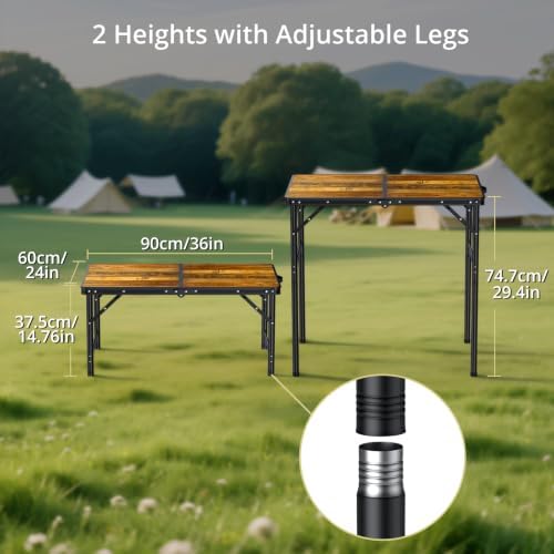 Anbte 3ft Folding Camping Table, 2 Adjustable Height 29.5", Rustic Brown