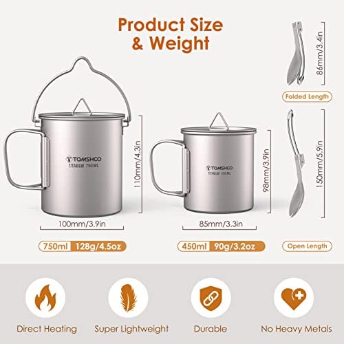 TOMSHOO 750ml Titanium Pot with Lid + 450ml Titanium Mug + Folding Spork