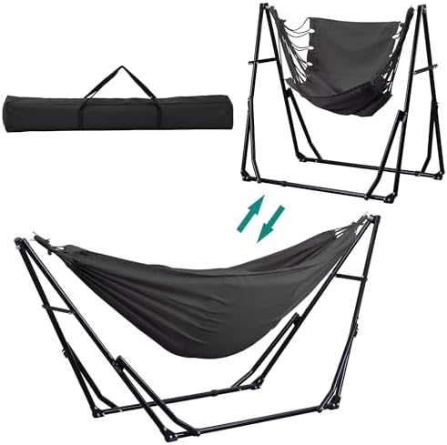 Ainfox Hammock with Foldable Stand, 2 in 1 Hammock and Swinging Chair with Carrying Bag, Portable Camping Chair Suitable for Outside, Swing,Patio,Garden,Camping Trip Grey