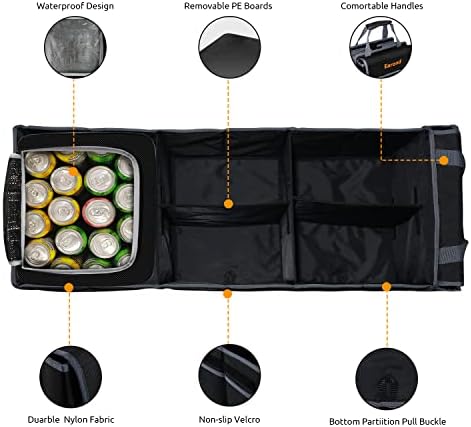 Collapsible Trunk Organizer with Insulated Leakproof Cooler Bag,Removable Lid,Adjustable Securing Straps,3 Compartments Trunk Organizer for SUV,Truck,Sedan(Grey & Black)