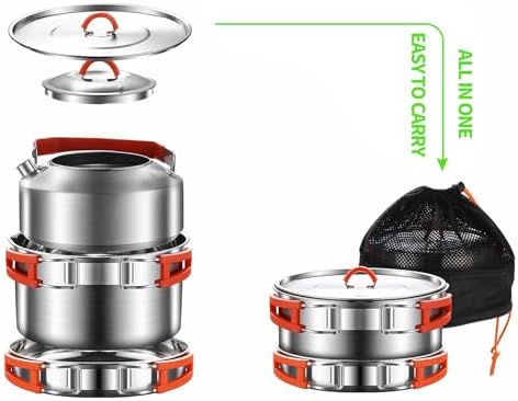 Camping Cookware Set 304 Stainless Steel Camping Pot Pan and Kettle Kit