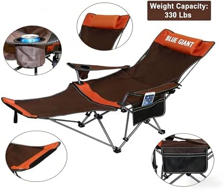 2 Pack Adjustable Folding Camping Chairs with Detachable Footrest and Headrest, Lightweight and Portable, Ideal for Hiking, Travel, Fishing and Outdoor Activities (Orange)